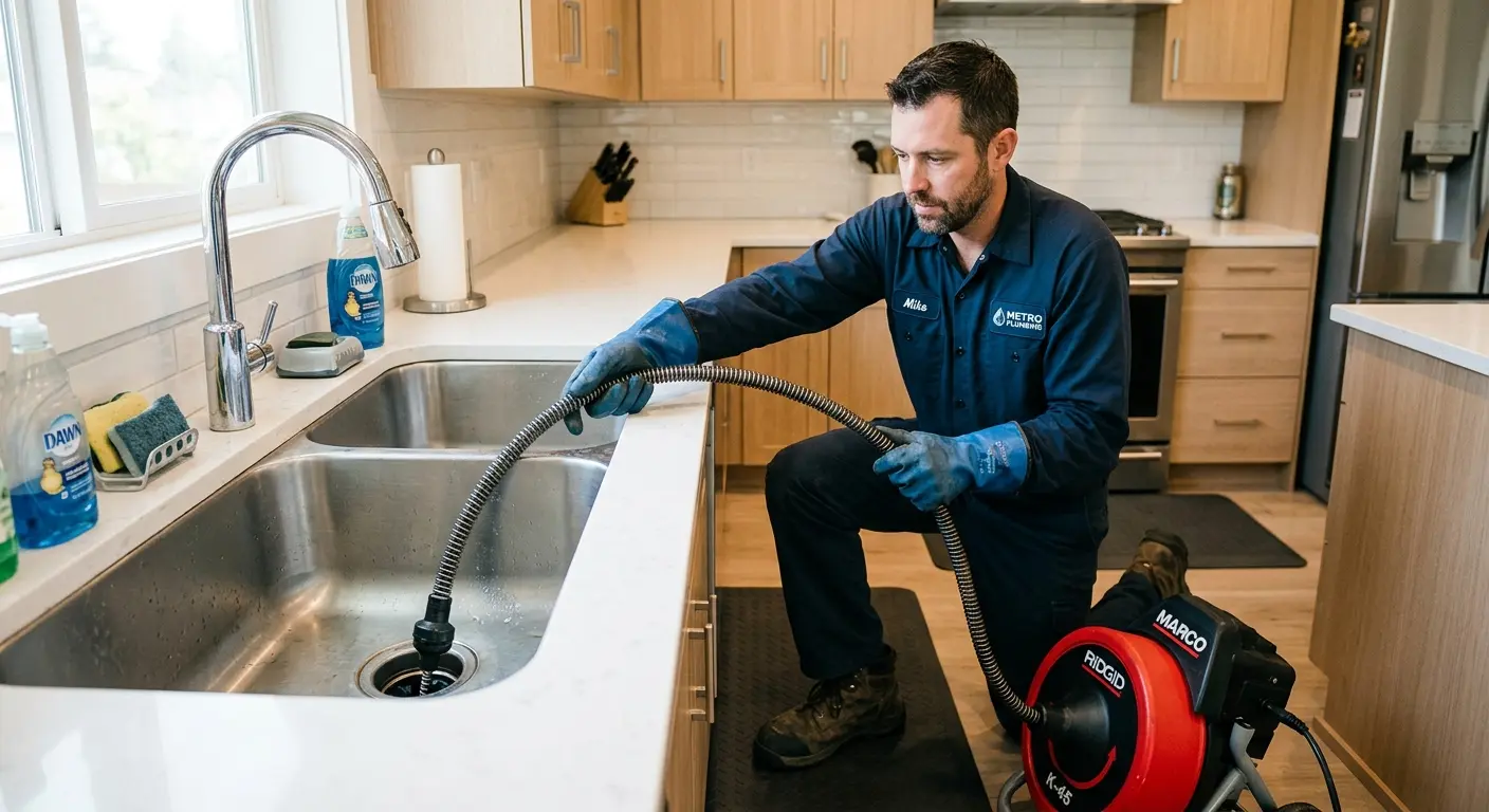 Drain cleaning technician using a motorized snake on a kitchen sink in Havre de Grace