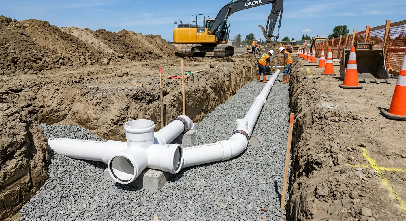 New PVC sewer pipe installation in open trench for Grease Trap Cleaning in Havre de Grace