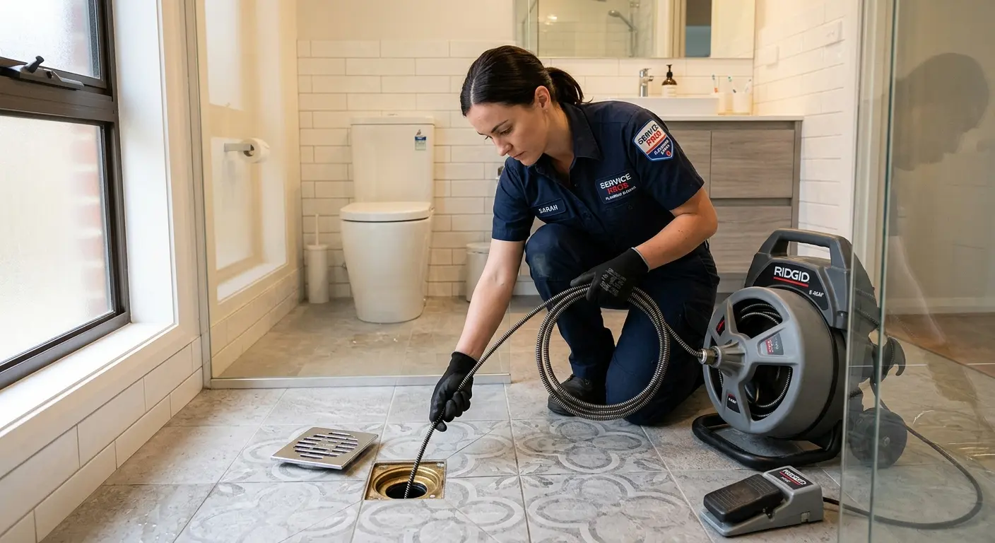 Technician clearing a bathroom floor drain for Sewer Line Replacement in Havre de Grace